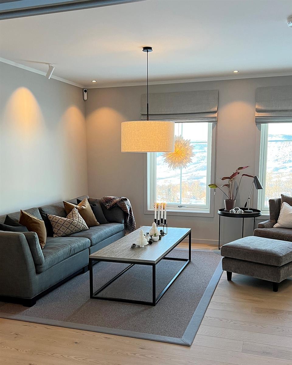 Lys stue med to vinduer med liftgardin lin i greige, sofa, bord, lenestol, puff, gulvteppe og taklampe. Foto.